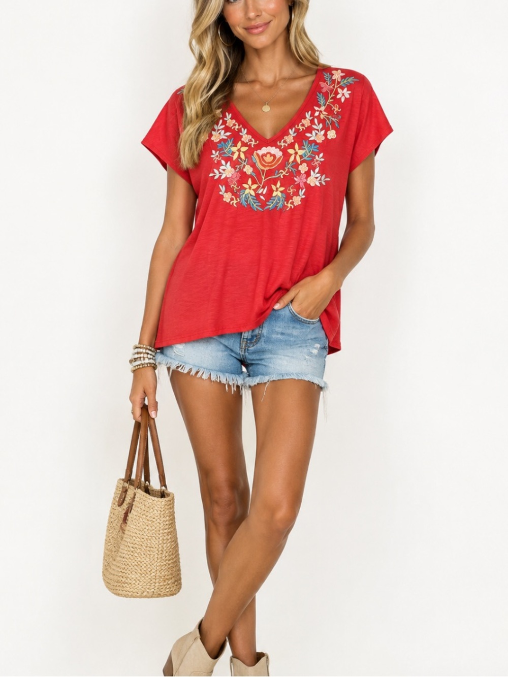 Solitaire Red Floral Embroidered XL Cotton Shirt Boxy Bohemian